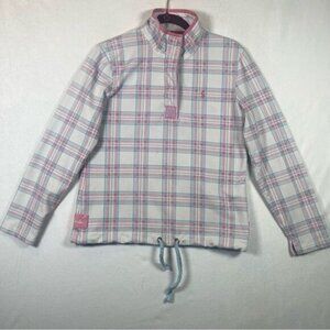 Joules Plaid Pink White Teal Long Sleeve Stand Up Collar 1/4 Button Up Size 8